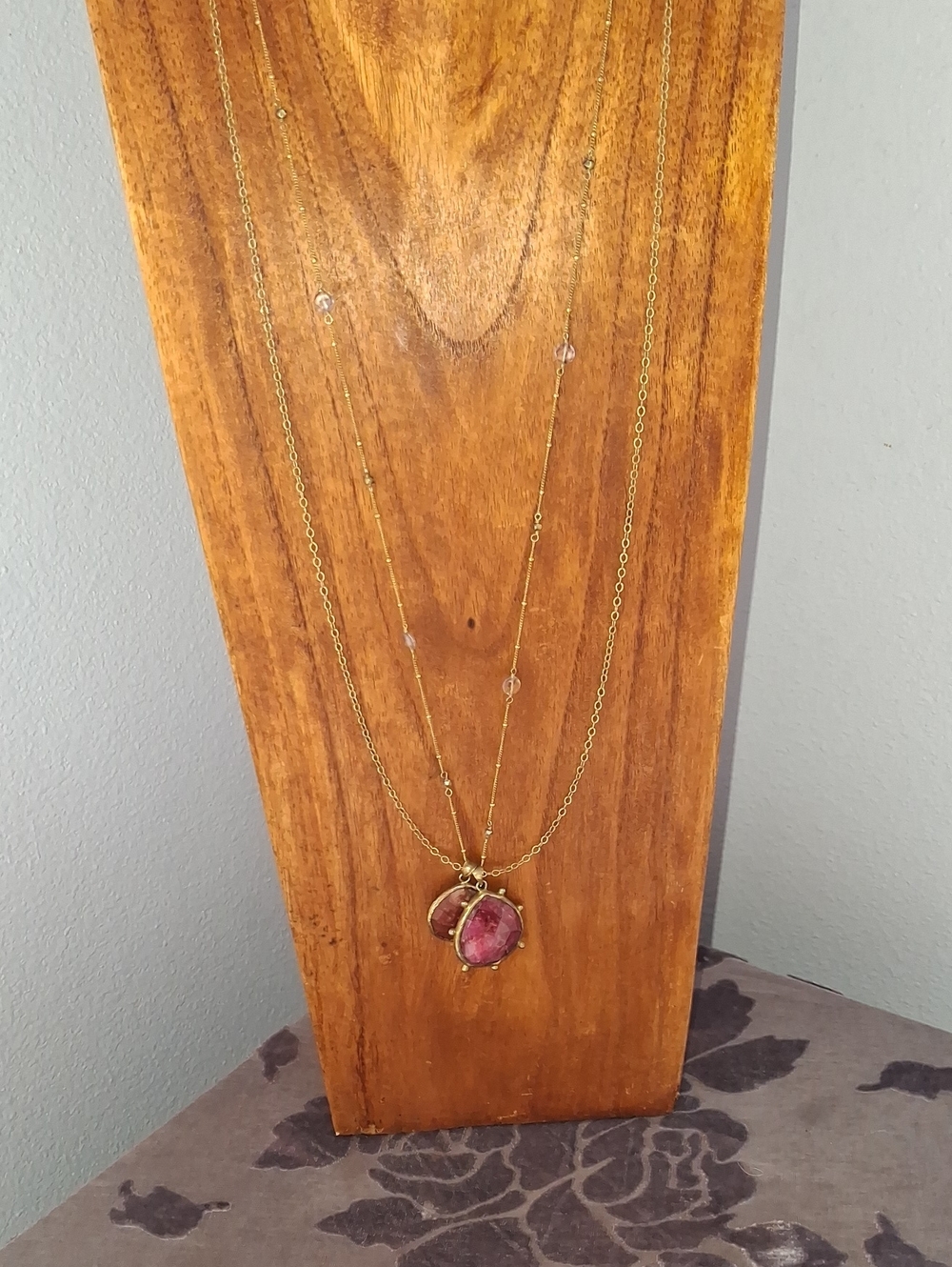 Gold-plate 925 Silver Double Chain Layer Necklace with Ruby GemStone Pendant